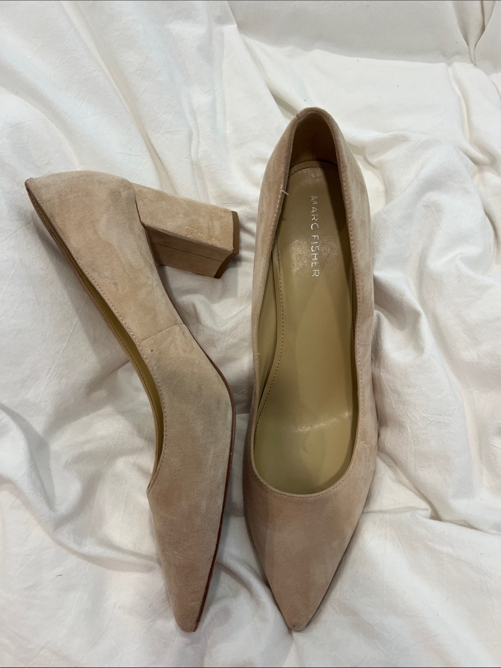Marc Fisher Beige Suede Pointed Block Heel Pumps
